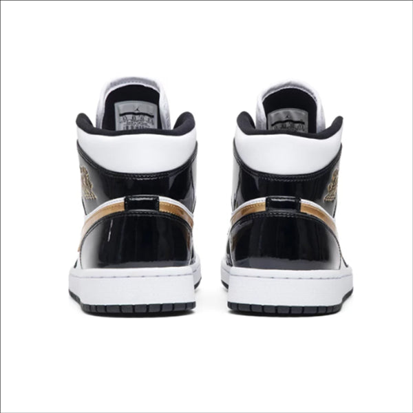 Jordan 1 Mid Patent Black White Gold