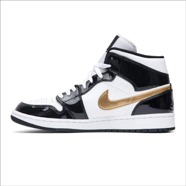 Jordan 1 Mid Patent Black White Gold