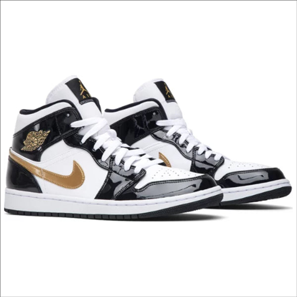 Jordan 1 Mid Patent Black White Gold